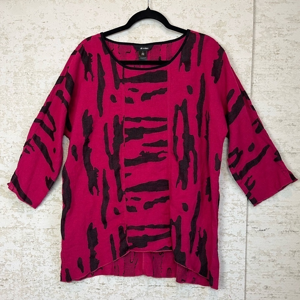 ALI MILES Linen Blend Art To Wear Top Sz L Magenta Black Abstract Print Tunic